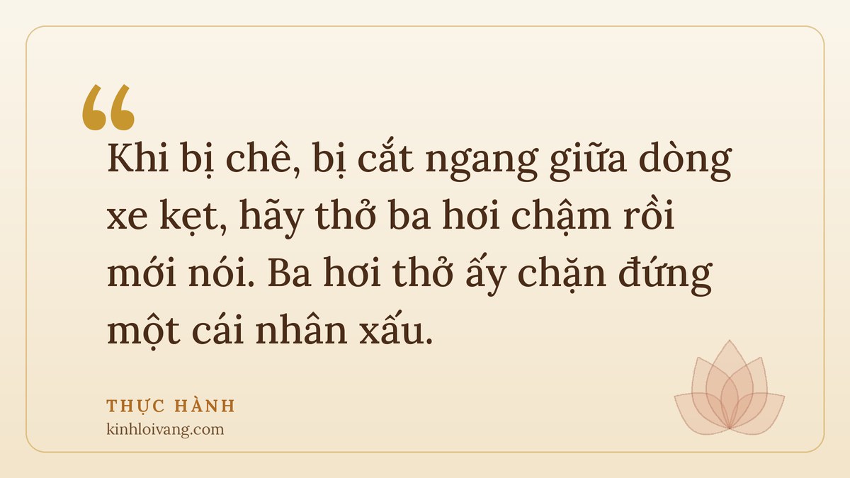câu chuyện nhân quả ý nghĩa - Thực hành: Khi bị chê, bị cắt ngang giữa dòng xe kẹt, hãy thở ba hơi chậm rồi mới nói. Ba hơi thở ấy 