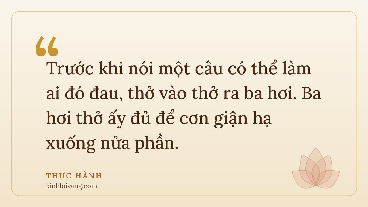 ý nghĩa ngũ giới - Thực hành: Trước khi nói một câu có thể làm ai đó đau, thở vào thở ra ba hơi. Ba hơi thở ấy đủ để cơn