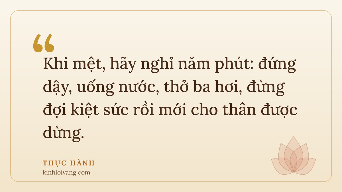 sống chậm lại - Thực hành: Khi mệt, hãy nghỉ năm phút: đứng dậy, uống nước, thở ba hơi, đừng đợi kiệt sức rồi mới cho