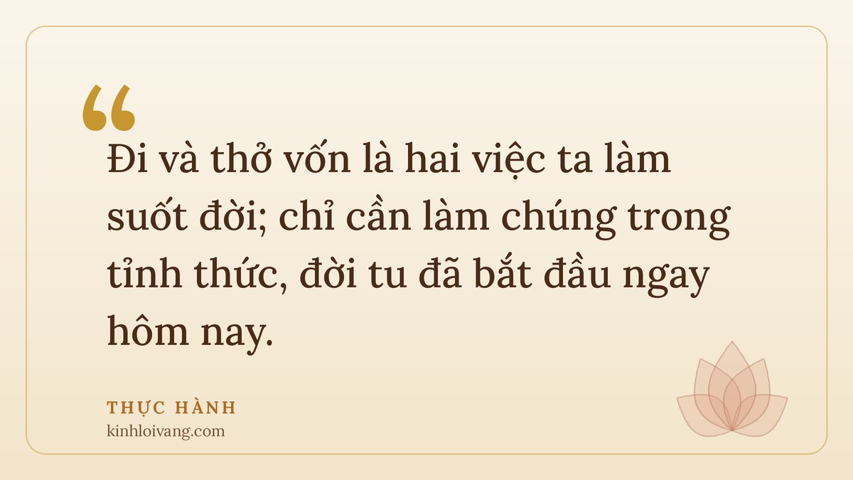 thiền hành - Thực hành: Đi và thở vốn là hai việc ta làm suốt đời; chỉ cần làm chúng trong tỉnh thức, đời tu đã bắ