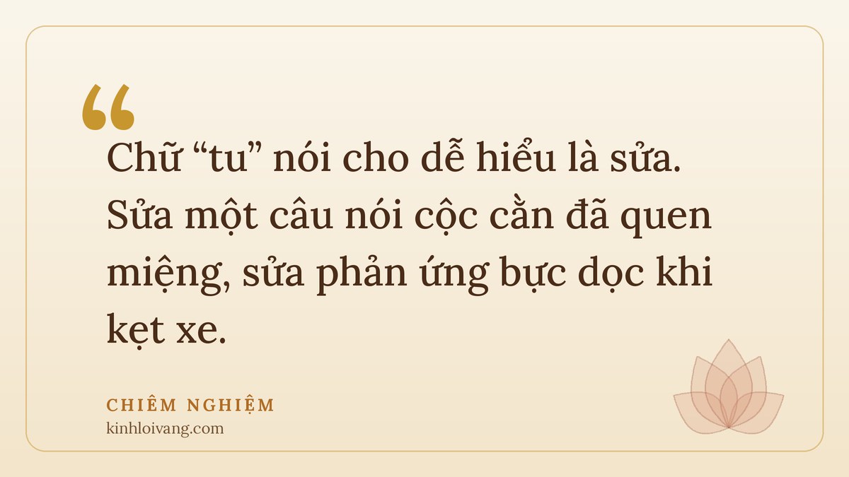 tu tại gia - Chiêm nghiệm: Chữ “tu” nói cho dễ hiểu là sửa. Sửa một câu nói cộc cằn đã quen miệng, sửa phản ứng bực d