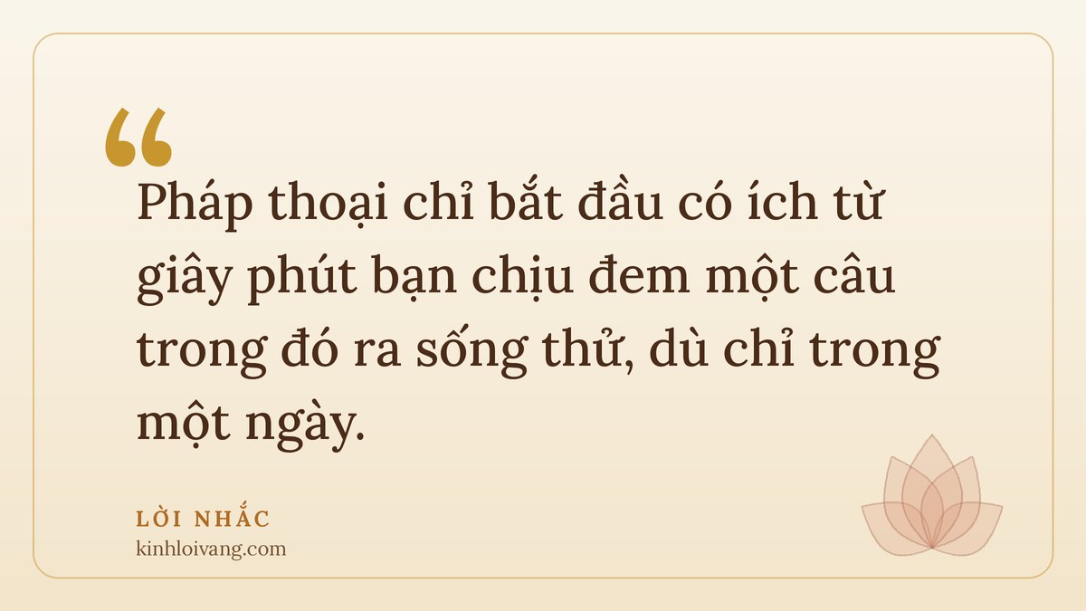 pháp thoại - Lời nhắc: Pháp thoại chỉ bắt đầu có ích từ giây phút bạn chịu đem một câu trong đó ra sống thử, dù c