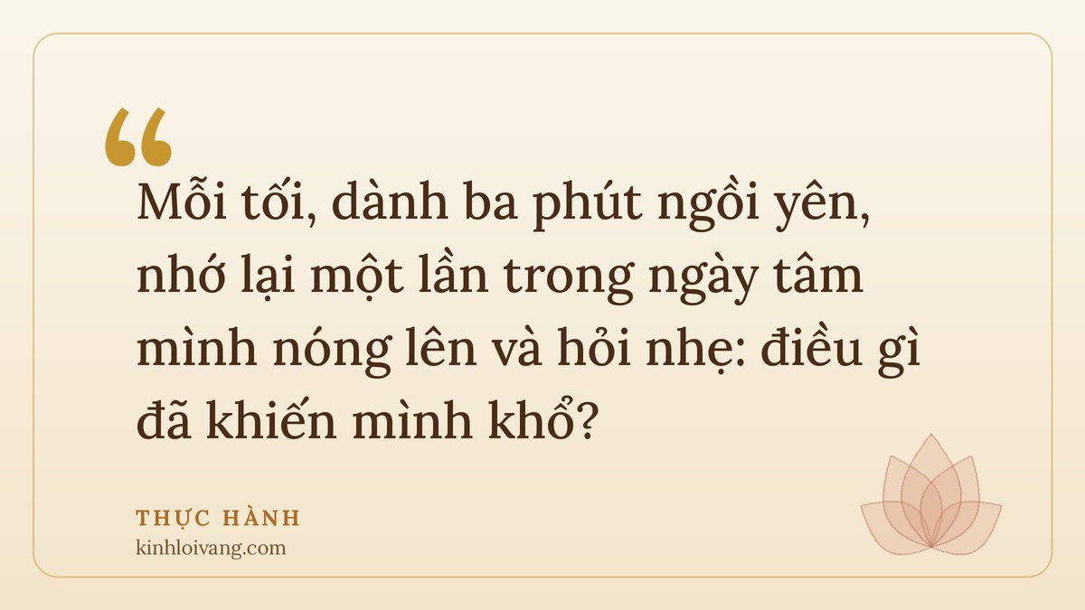 phiền não là gì - Thực hành: Mỗi tối, dành ba phút ngồi yên, nhớ lại một lần trong ngày tâm mình nóng lên và hỏi nhẹ: đ